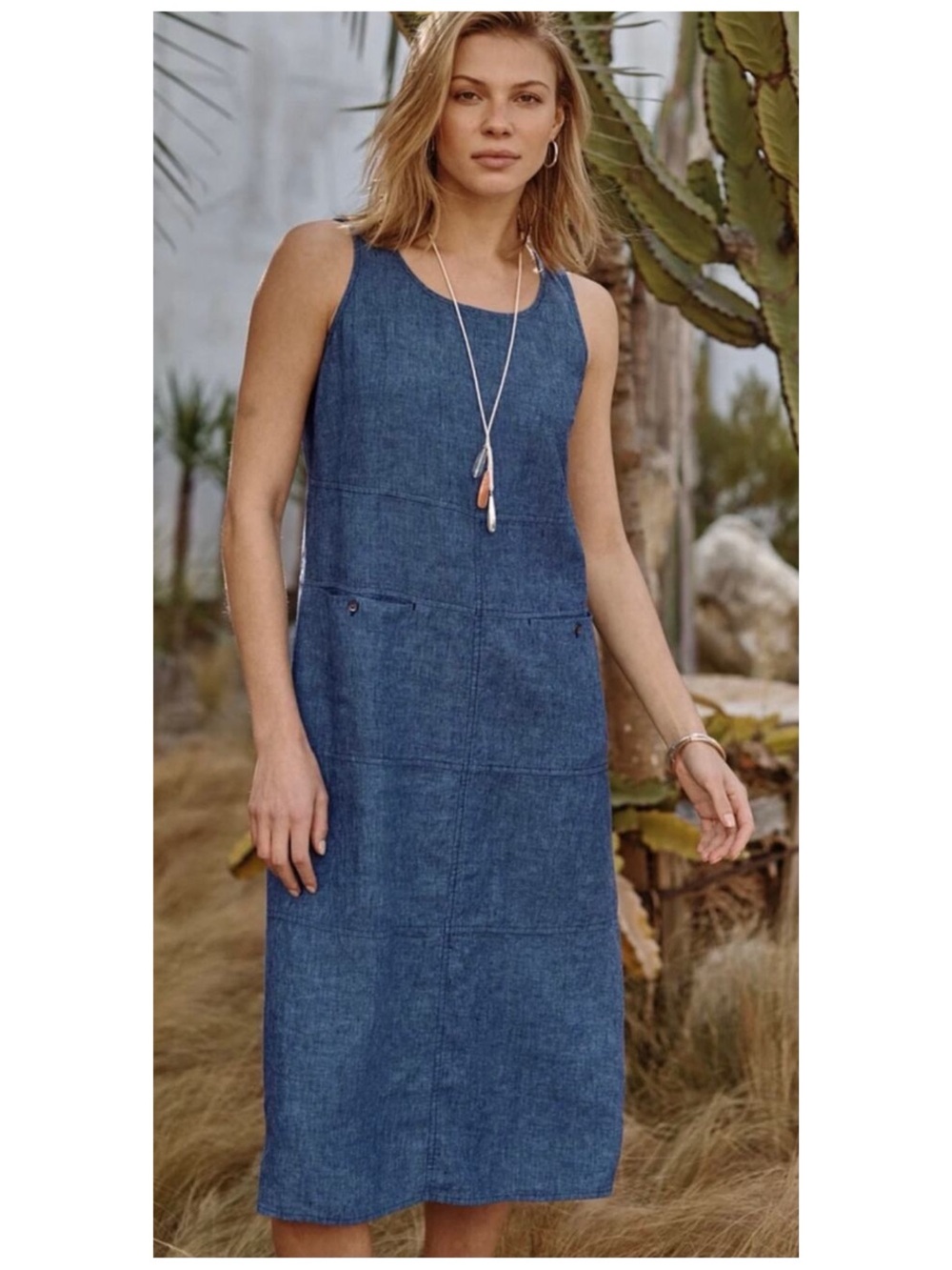 J.JILL Pure Jill Women’s Size MP Blue 100% Linen Sleeveless Midi Shift Dress